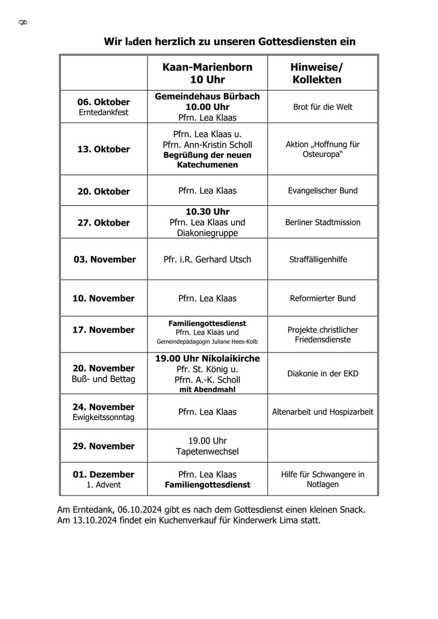 Gottesdienste Okt 2024 - Nov 2024